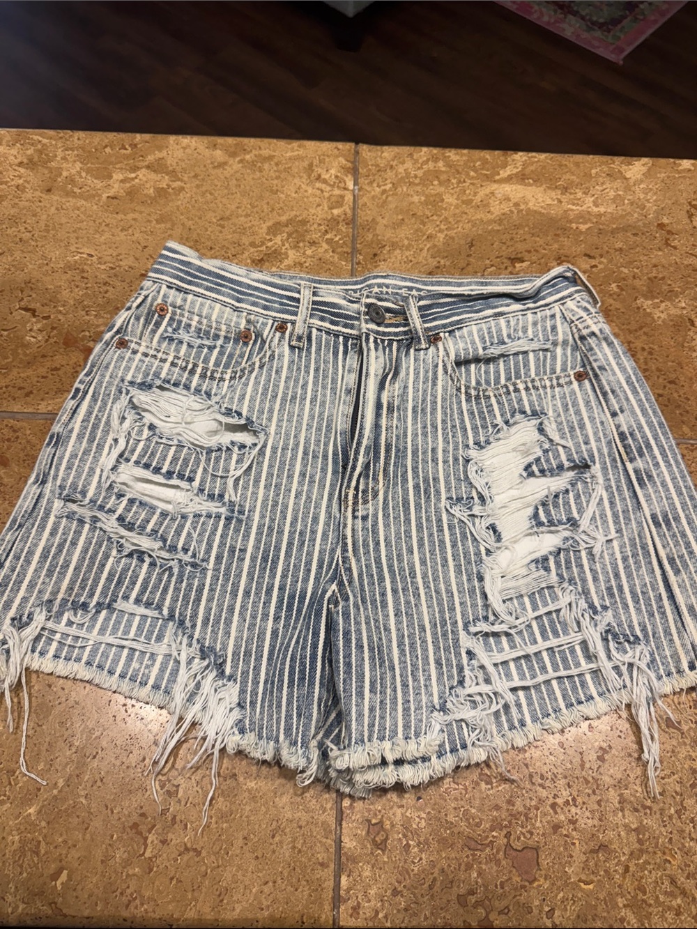 American Eagle Outfitters Blue and White Striped Distressed Jean Shorts